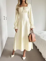 Womens A Line Long Sleeve Dress Square Neck Tie Waist Pleated Flattering Fit Elegant Casual Wear