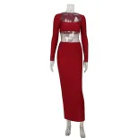 Chic Two Piece Set Strapless Crop Top Long Sleeve High Waist Bodycon Skirt Evening Wear Party Ou
