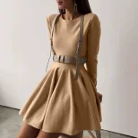 Knit Dress Round Neck Waist Defined Pleated Design Casual Chic for Everyday Wear Wholesale Avail
