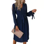 Womens Long Sleeve Hollow Out Dress Solid Color V Neck European and American Design Perfect for