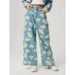 Womens Vintage Floral Print Straight Leg Jeans High Quality Denim Casual Wear Wholesale Availabl