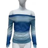 Off Shoulder Long Sleeve T Shirt Blue Floral Print Slim Fit Autumn Fashion Wholesale Available