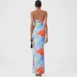 Sleeveless Color Block Printed Bodycon Maxi Dress Hollow Out Design Sexy Fit Spring Summer Fashi