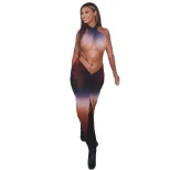 Gradient Color Print Bodycon Dress Sexy Halter Neck High Slit and Cropped Design Perfect for Par