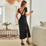 Womens A Line Knit Dress Sexy Backless Design High Slit Short Sleeves Perfect for Parties and Ev