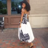 Color Block A Line Dress Black and White Print Off Shoulder Neckline Casual Style Wholesale Avai