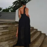 Fashionable Womens Bodycon Dress Solid Color Asymmetrical Hem Side Slit Off Shoulder Sexy Backle