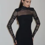 Elegant Womens Long Dress Half Turtleneck Sheer Mesh Panels Fitted Silhouette Solid Color Should