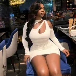 Fashionable Womens Bodycon Dress Solid Color Hollow Out Off Shoulder Long Sleeve Stand Collar Ev