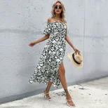 Summer Floral Off Shoulder Midi Dress Slim Fit Short Sleeve Waist Defining Casual Wear Wholesale