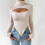 Womens Knit Crop Top Sexy Hollow Design Irregular Hem Long Sleeve Spring Summer Fashion Wholesal