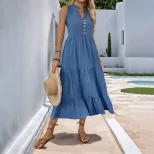 Summer Casual Midi Dress Button Detail Solid Color V Neck Sleeveless Perfect for Everyday Wear W