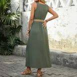 Casual Sleeveless V Neck Dress Simple Solid Color Beach Vacation Style Wholesale Available facto