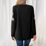 Casual Black T Shirt Embroidered Long Sleeve Drop Shoulder Autumn Wear Wholesale Available