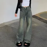 港风复古做旧直筒牛仔裤女秋季小个子高腰显瘦垂感拖地阔腿长裤潮