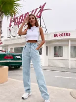 High Waisted Straight Leg Jeans Floor Length Slim Fit Comfortable Denim Casual Wear for Women Wh