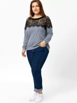Plus Size Long Sleeve Lace Panel T Shirt Round Neck Stylish Design Comfortable Fabric Casual Wea