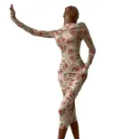 Fashionable Long Sleeve Bodycon Dress Unique Print Ruffled Design Sexy Silhouette Autumn Winter