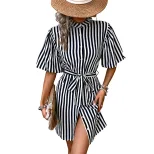 Casual Striped Shirt Dress Ruffle Sleeve Stand Collar European and American Style Perfect for Sp
