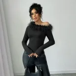 Feather Trimmed Asymmetrical Hem Long Sleeve Top Unique Design Slim Fit Spring Summer Style Whol