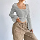 Fashionable Elegant Womens T Shirt Square Neck Flared Long Sleeves Spring Summer Style Wholesale
