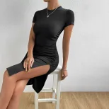 Knit Bodycon Dress Slim Fit Side Slit Waist Cinching Trendy Design Perfect for Parties and Night