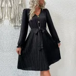 Long Sleeve Pleated Dress Fashionable Womens Apparel Autumn Style for Casual or Formal Occasions