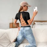 Womens Sexy Backless Short Sleeve Knit T Shirt Slim Fit Casual Style Spring Summer Collection Wh