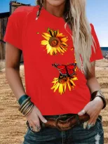 Plus Size Womens Short Sleeve T Shirt Sunflower Butterfly Print Casual Round Neck Top Wholesale
