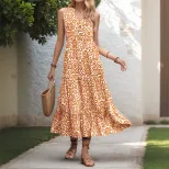 Sleeveless V Neck Abstract Floral Print Dress Summer Style Lightweight Fabric Trendy Design Whol