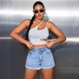 High Waisted Denim Shorts Slim Fit Frayed Hem Versatile Style Casual Summer Wear Ready to Ship