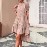 High Waist Solid Color Irregular Loose Half Turtleneck Pleated Dress Elegant Design Comfortable