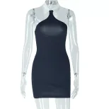 Backless Bodycon Dress Sleeveless Halter Neck Solid Color Slim Fit Evening Wear Cocktail Party W