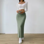 Elegant High Waisted Midi Skirt Simple Design Side Slit Slim Fit Spring Summer Womens Fashion Wh