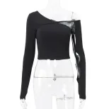 Womens Long Sleeve T Shirt Sexy Irregular Asymmetrical Neckline Hollow Out Design Slim Fit Autum