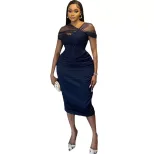 Short Sleeve Bodycon Dress Solid Color Sheer Mesh Panels Mid Length Slim Fit Casual or Evening W