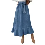 High Waisted Denim Skirt Mid Length Ruffled Hem Pleated Design Casual Wear for Women Wholesale A