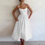 Elegant Womens Midi Dress Slim Fit Low Cut Spaghetti Straps Flared Skirt Office Wear or Evening