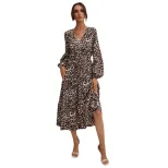 Vintage Leopard Print Long Sleeve Dress Ruffled Hem Mid Length Elegant Style Wholesale Availabil