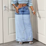 Color Block Denim Midi Skirt Casual Style High Slit Design Versatile for Everyday Wear Wholesale