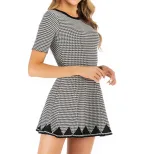 Vintage Black Houndstooth Print Dress Short Sleeve Loose Fit Retro Style Perfect for Casual Outi