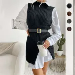 【佰分之衣】亚马逊跨境专供秋季女装开叉纯色无袖中长款背心毛衣