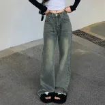 港风复古做旧直筒牛仔裤女秋季小个子高腰显瘦垂感拖地阔腿长裤潮