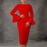 Fashionable Solid Color Bodycon Dress with Flared Sleeves Womens Winter Collection Office Wear W