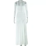Sleeveless Deep V Neck Split Back Dress Solid Color High Slit Waist Defining Elegant Style Perfe