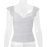 Spring Womens Slim Fit V Neck Crop Top Ruffle Hem Solid Color Sexy Style Versatile for Casual or