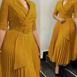 Plus Size African Dress Stylish Suit Collar Pleated Waist Design Fall Winter Collection Wholesal