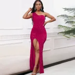Elegant Sequin Maxi Dress Asymmetrical Shoulder Sexy Slit Fashionable Design Evening Wear Party