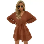Casual Long Sleeve Dress Solid Color Slim Fit Pleated Design Autumn Winter Fashion Wholesale Ava
