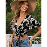 Casual Floral Print V Neck Short Sleeve Top Flared Design Versatile Style European and American